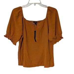 Papermoon Burnt Orange Puff Sleeve V-Neck Square Neckline Smocked Back Top Large